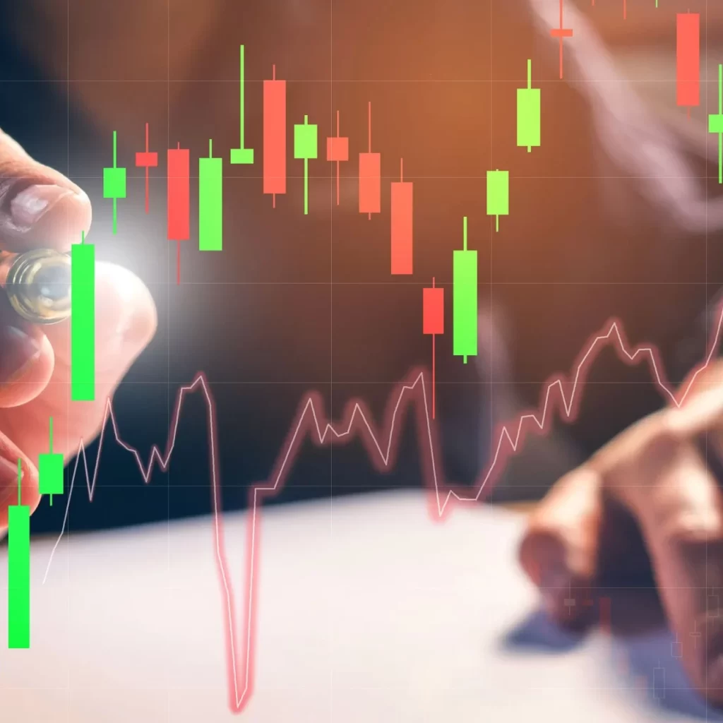 Stock market graph showing rising and falling trends with candlestick charts, financial data, and trading indicators on a digital screen